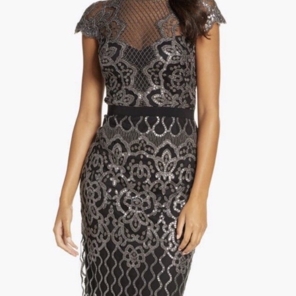 Tadashi Shoji Dresses & Skirts - Tadashi Shoji Sequin Lace Body-Con Cocktail Dress Silver Black Size 8
